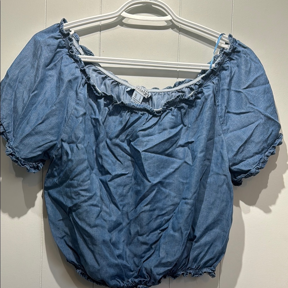 Streetwear Society Blue Puff Sleeve Ruffled Blouse off the shoulder